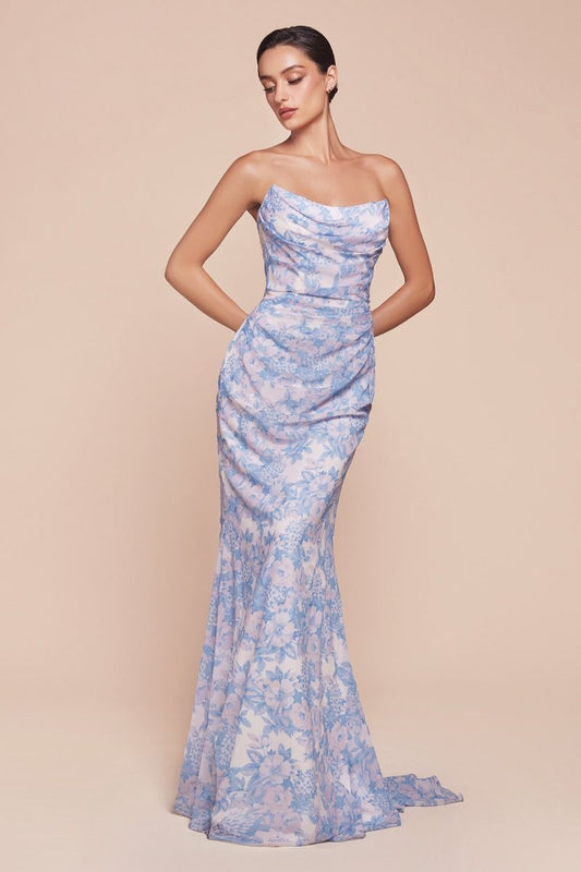 Elevate your formal look with the Ladivine 7445, a strapless scoop-neck gown designed for prom and pageant moments. This fitted silhouette features delicate floral-print chiffon with a structured lace-up corset back that provides support and flatters your figure. The gathered waistline and flowing skirt create an elegant, graceful movement perfect for special occasions. Available in blue, sizes 8–18. Complete your ensemble with coordinating pieces from the Ladivine collection.

Silhouette:&nbsp;Fitted
Desig