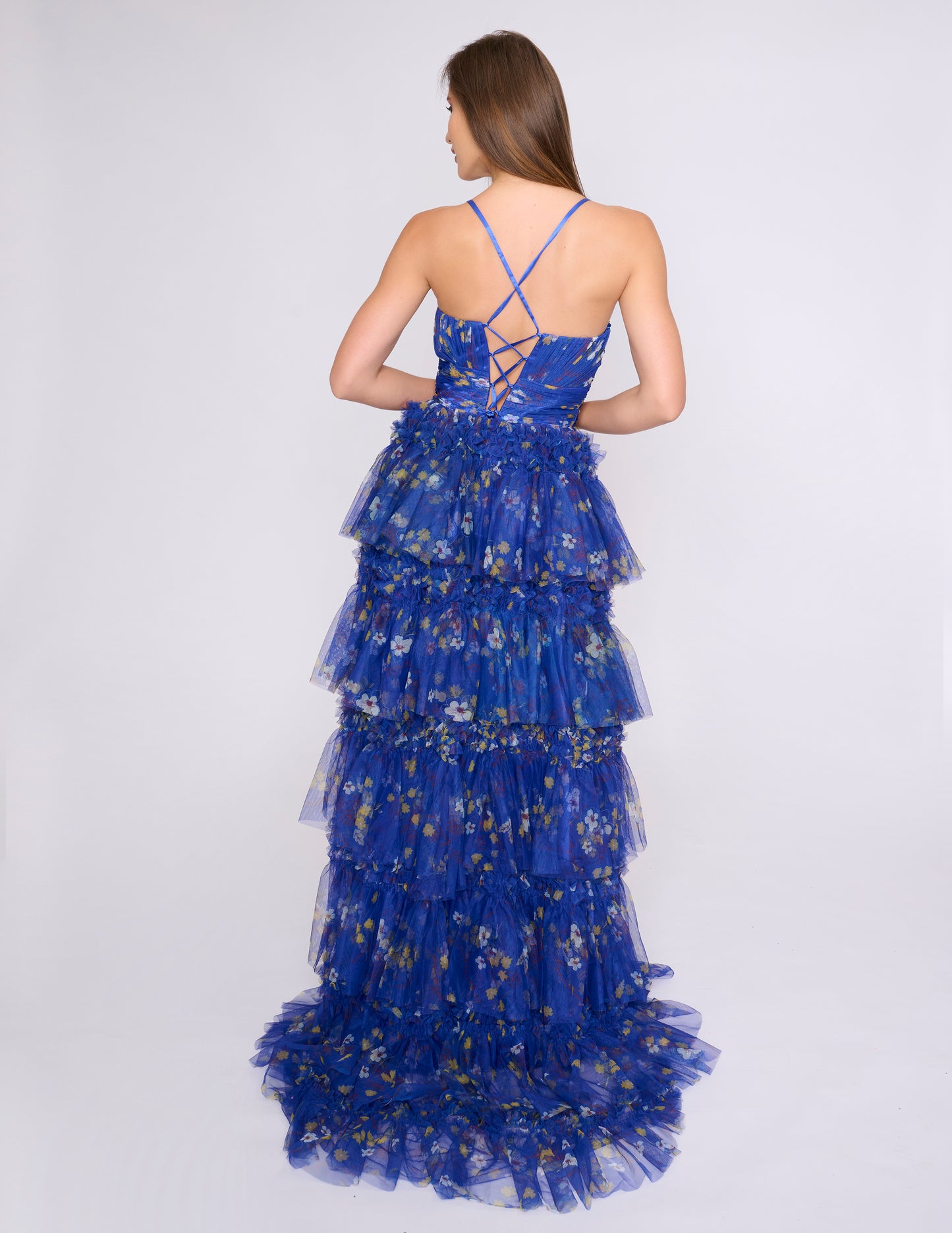 Nina Canacci 7601 Size 2 Royal Print Pleated A Line Prom Dress Corset Slit Formal Gown