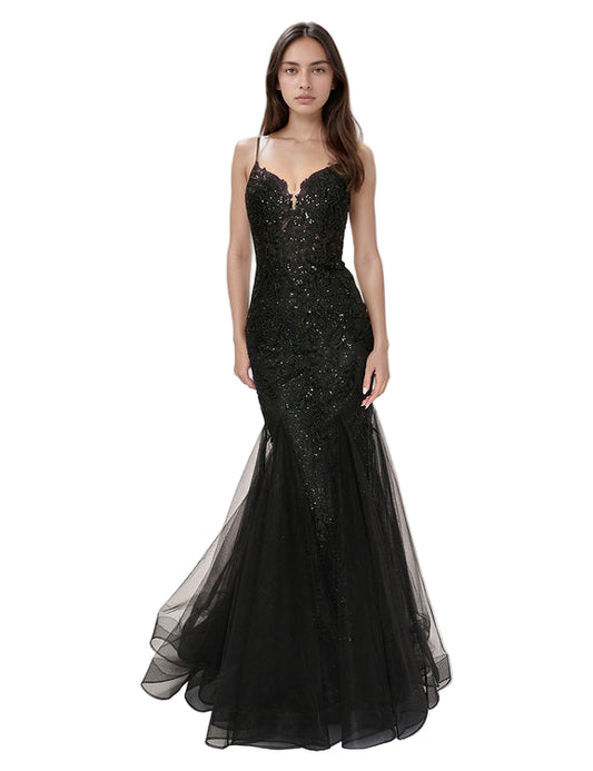 Turn heads with the Nina Canacci 7602, a size 6 black prom dress that commands attention. This sheer corset gown features intricate sequin lace over a mermaid silhouette, sculpting your figure with bold elegance. Perfect for making a striking entrance at any formal event, the combination of delicate lace and shimmering sequins ensures you’ll shine with daring confidence.

Size: 6

Color: Black