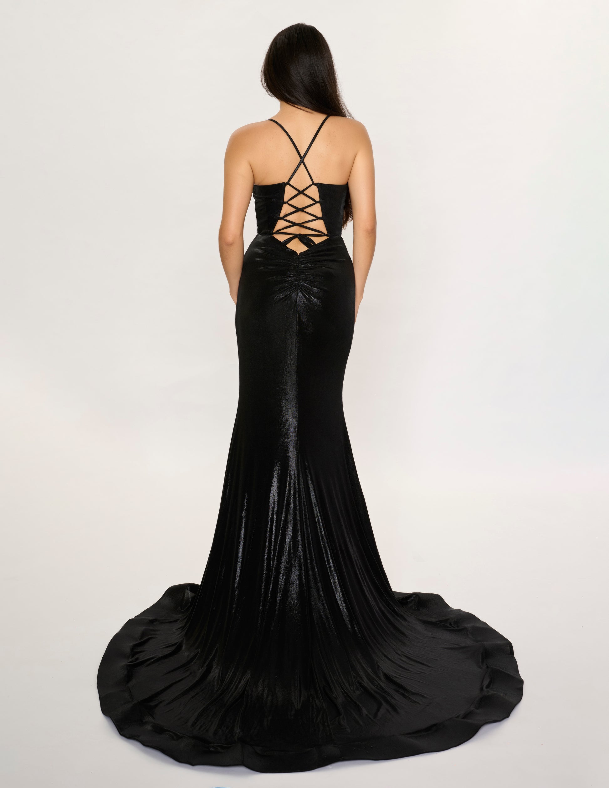black metallic prom dress Long Metallic Prom Dress with Beaded Back Bands Black / 8
