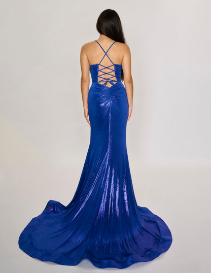 Nina Canacci 7604 Size 6 Royal Metallic Fitted Prom Dress Slit Train Corset Cowl Neck Gown