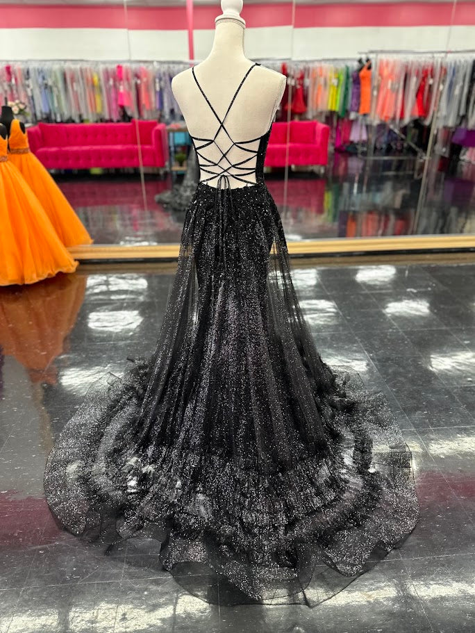 Nina Canacci 7607 Size 4 Black Sheath Prom Dress Sheer A Line Overskirt Ruffles Sequin V Neckline Corset Lace Up Back Nina Canacci 7607 Size 4 Black Sheath Prom Dress Sheer A Line Overskirt Ruffles Sequin V Neckline Corset Lace Up Back