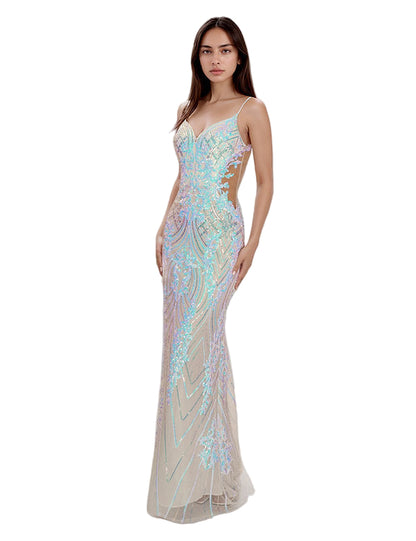 Turn heads in this daring Nina Canacci 7609 prom dress. Its vibrant fuchsia hue is accented by shimmering sequins that catch every light, while the sheer back and side cutouts add a bold, seductive edge. Designed in size 6 with a long, elegant silhouette, this dress combines glamour and confidence for an unforgettable night.

Size: 6

Color: White (Iridescent)