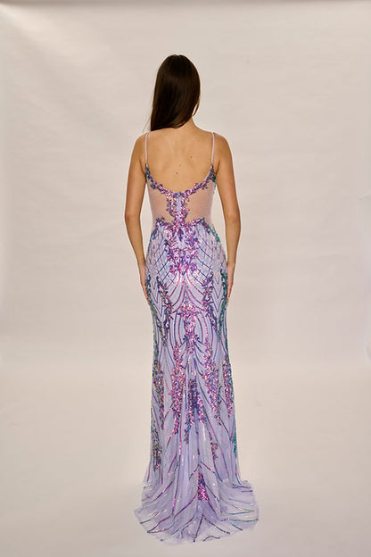 Nina Canacci 7609 Size 6 White Long Sequin Prom Dress Sheer Back  Sheer Side Cut Out