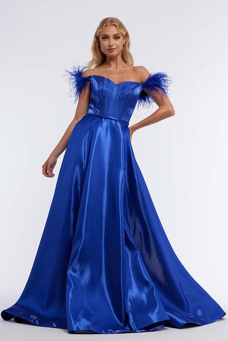This Vienna Prom 7877 Long Prom Dress is an elegant, A-line ballgown featuring a corset bodice and off-shoulder sleeves. Adorned with delicate feathers, this formal pageant dress will make you feel like a true queen. Expertly crafted for a perfect fit and flattering silhouette, it is the ultimate choice for your special occasion.