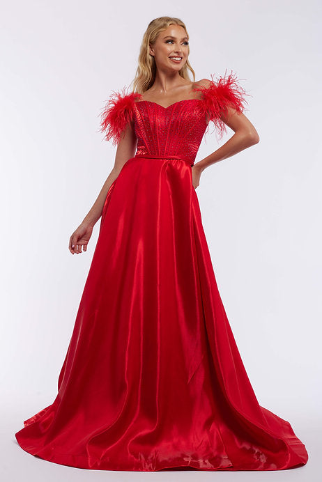 This Vienna Prom 7877 Long Prom Dress is an elegant, A-line ballgown featuring a corset bodice and off-shoulder sleeves. Adorned with delicate feathers, this formal pageant dress will make you feel like a true queen. Expertly crafted for a perfect fit and flattering silhouette, it is the ultimate choice for your special occasion.
