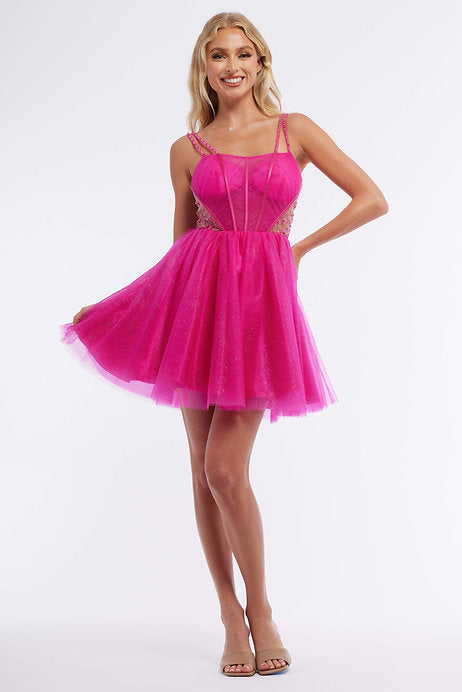 Experience the elegance and glamour of Vienna with our 7879 Long Short Prom Dress. This stunning dress features a corset top and a detachable sheer skirt, adorned with delicate beadwork on sides and straps. The tulle fabric adds a touch of femininity and the perfect amount of flow to this formal pageant gown. Elevate your style and confidence with this timeless Vienna creation.