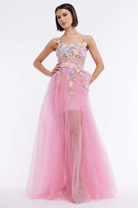 Experience the elegance and beauty of Vienna Prom's 7880 Long Short Prom Dress. With its stunning corset and sheer 3D floral design, this gown is perfect for formal events and pageants. The daring slit adds a touch of sophistication, making you stand out in any crowd.