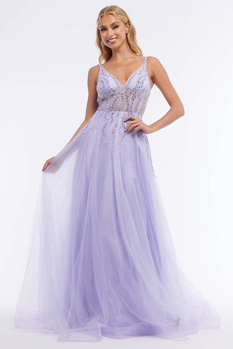 Vienna Prom  7882 Long Prom Dress A- Line Ballgown Sheer Tulle V Neckline Formal Pageant Gown