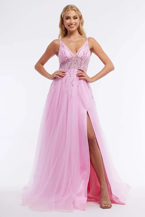 Elevate your formal look in the stunning Vienna Prom 7882 Long Prom Dress. This A-line ballgown features a sheer tulle overlay, adding an ethereal touch to your ensemble. Let the beautiful blend of fabric and elegant cut make you the center of attention at any pageant or formal event.
