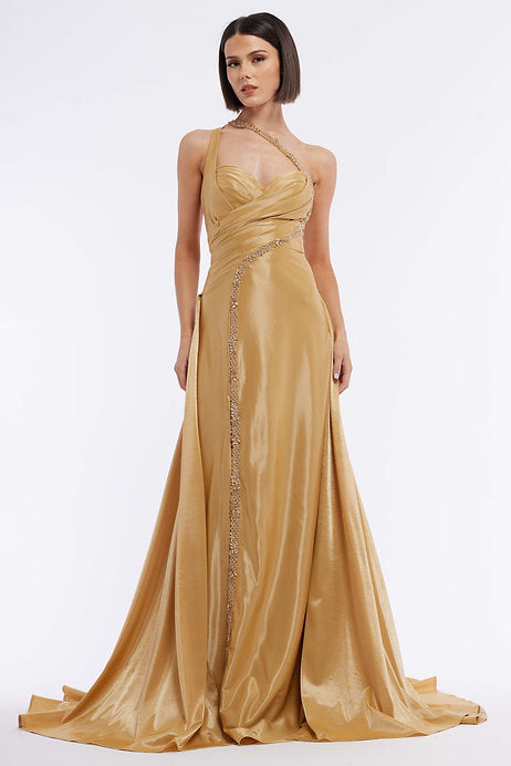 Experience elegance and sophistication in the Vienna Prom 7884 Long Prom Dress. This stunning one-shoulder gown features intricate beadwork and a high-leg slit, perfect for showcasing your figure. Ideal for formal events and pageants, this gown will make you feel confident and glamorous all night long.