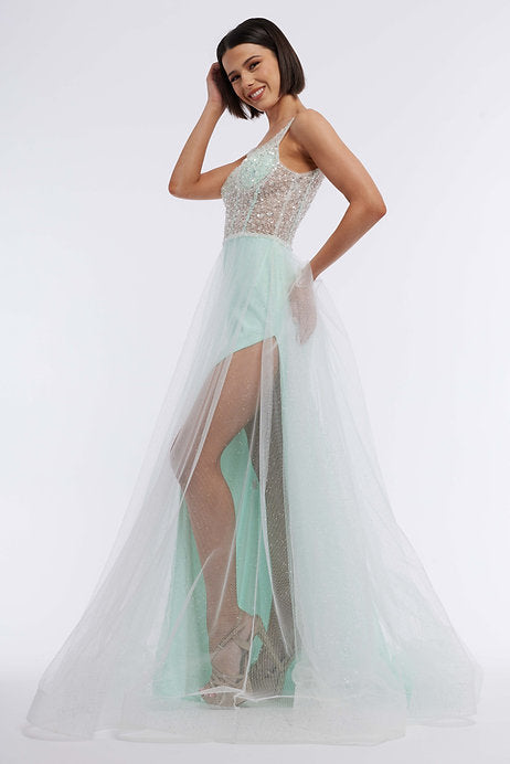 Flaunt your figure with the Vienna Prom 7885 Long Prom Dress. The corset sheer and with slit to provide a sexy and elegant look while the beaded bodice and V neckline add a touch of glamour. Perfect for any formal event or pageant. Expertly crafted for a flawless fit.