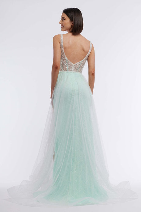 Flaunt your figure with the Vienna Prom 7885 Long Prom Dress. The corset sheer and with slit to provide a sexy and elegant look while the beaded bodice and V neckline add a touch of glamour. Perfect for any formal event or pageant. Expertly crafted for a flawless fit.