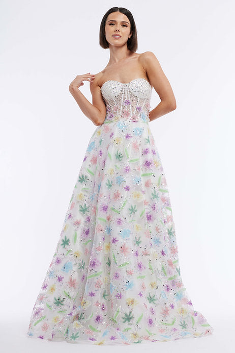 The Vienna Prom 7889 Long Prom Dress is a stunning and elegant choice for your special occasion. Its strapless design and beaded corset provide a flattering and secure fit, while the intricate floral details add a touch of femininity. Perfect for prom or formal events, this gown will make you feel confident and glamorous.