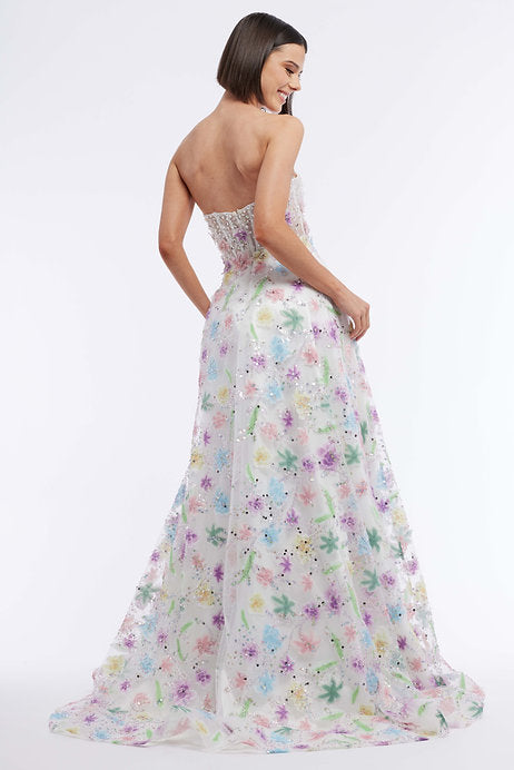 The Vienna Prom 7889 Long Prom Dress is a stunning and elegant choice for your special occasion. Its strapless design and beaded corset provide a flattering and secure fit, while the intricate floral details add a touch of femininity. Perfect for prom or formal events, this gown will make you feel confident and glamorous.