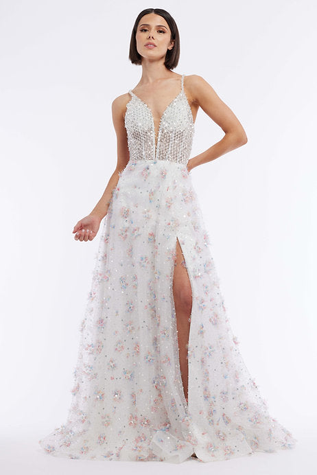Introducing the Vienna Prom 7895 Long Prom Dress - the perfect choice for your next formal event. This stunning gown features a beautiful beaded corset that accentuates your shape, while the elegant floral print skirt adds a touch of femininity. Make a statement and shine like a star in this must-have piece.