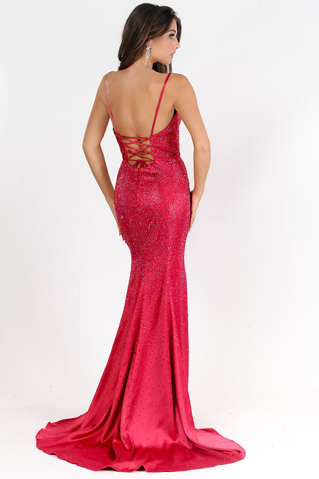 Vienna Prom 7938 Long Prom Dress Hot Stone V Neckline High Slit Train Formal Pageant Gown