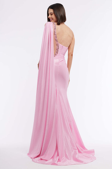 Experience elegance and sophistication with the Vienna Prom 7966 Long Prom Dress. The fitted design and illusion cut-out details enhance your figure, while the ruching and cape add a touch of glamour. The slit allows for easy movement, making it perfect for formal events and pageants.