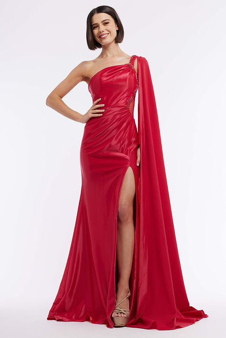 Experience elegance and sophistication with the Vienna Prom 7966 Long Prom Dress. The fitted design and illusion cut-out details enhance your figure, while the ruching and cape add a touch of glamour. The slit allows for easy movement, making it perfect for formal events and pageants.