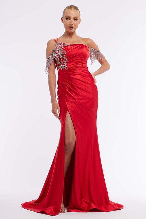This Vienna Prom 7977 dress is perfect for special occasions. Crafted from satin, it features a ruched bodice and off-shoulder straps combined with a crystal fringe trim, a thigh-high slit. Make a lasting impression at your next event with this beautiful dress. Maxi slit Pageant Gown  Sizes: 00-16  Colors: Coral, Blue, Red