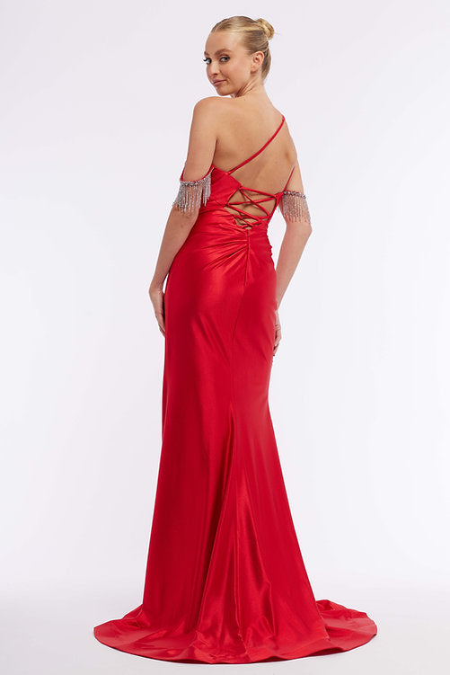 This Vienna Prom 7977 dress is perfect for special occasions. Crafted from satin, it features a ruched bodice and off-shoulder straps combined with a crystal fringe trim, a thigh-high slit. Make a lasting impression at your next event with this beautiful dress. Maxi slit Pageant Gown  Sizes: 00-16  Colors: Coral, Blue, Red