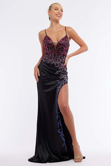 This Vienna Prom 7979 Long Prom Dress features a fitted lace up back and spaghetti straps, creating an elegant and secure fit. The slit adds a touch of sophistication while the formal pageant gown design enhances your natural curves. Be the center of attention in this stunning and comfortable dress.