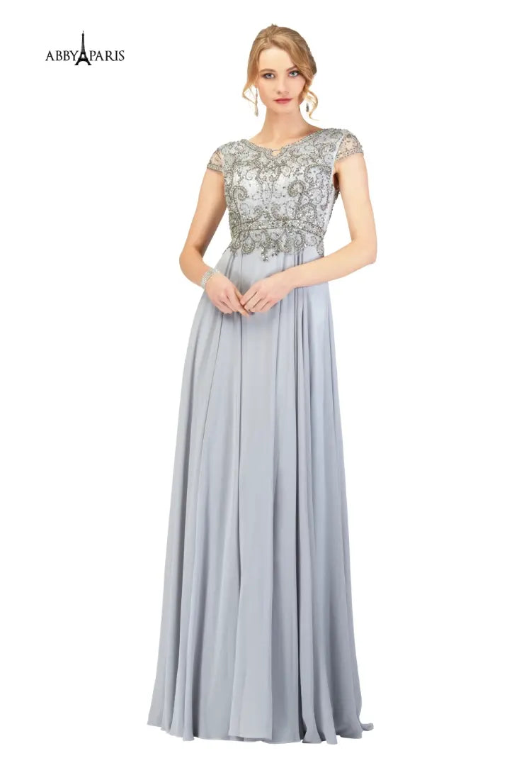 Abby Paris 95091 size 20 Light Grey Formal Dress Mother of the Bride Groom A-Line Chiffon Embellished Bodice Short Sleeve Formal Gown