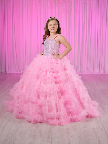 Rule the pageant stage with the Tiffany Princess 80023MQ Girls Ruffle Dress. This stunning ball gown features a crystal-embellished corset bodice and flowing ruffled skirt, perfect for making a grand entrance. The elegant design will have your little girl feeling like royalty, while the comfortable fit allows for graceful movement