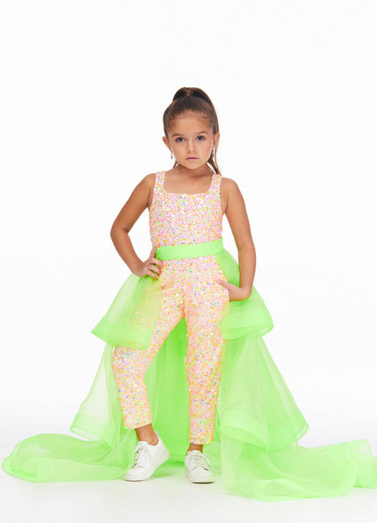 Ashley Lauren 8025 Sparkle at your next event in this fully beaded girls pageant jumpsuit. The top has modern tank style straps. The straight leg pants are complete with pockets.  Colors Multi/Ivory, Mint, Neon Green, Neon Orange, Red, Royal  Sizes 2, 4, 6, 8, 10, 12, 14, 16  Fully Beaded Jumpsuit Straight Pant Pockets Jumpsuit ONLY - Overskirt pictured purchased separately style 8065!!!