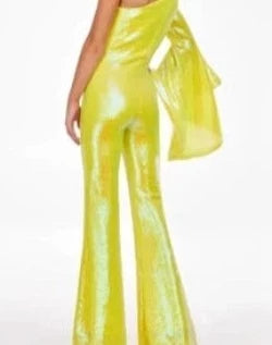 Ashley Lauren 11047 Size 0 Yellow One Long Bell Sleeve Flare Sequin Jumpsuit Pageant Wear