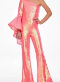 Ashley Lauren 11047 Size 6 Coral One Long Bell Sleeve Flare Sequin Jumpsuit Pageant Wear