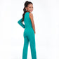 Ashley Lauren Kids 8133 Size 14 Jade One Shoulder Long Sleeve Crepe Jumpsuit bow on Shoulder Pageant Wear  Size: 14  Color: Jade