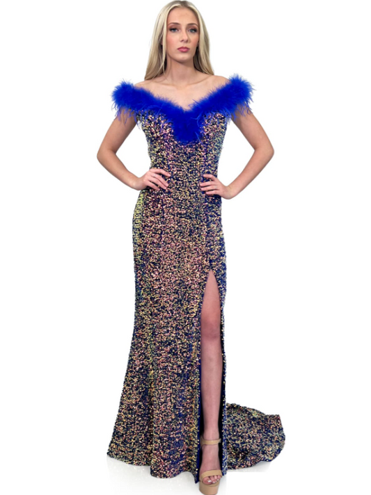 This Marc Defang 8145 Dress is a size 4 Velvet Sequin Dress that features an elegant Feather off the shoulder design and a sophisticated slit. Perfect for pageants, this gown is made with high quality materials and exquisite craftsmanship to make you stand out.