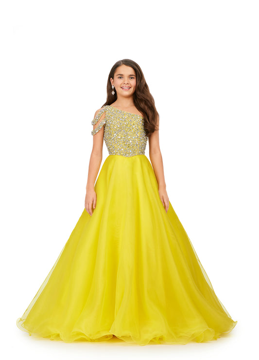 Ensure your little one sparkles on stage in this Ashley Lauren Kids 8182 girls' pageant ballgown. Its one shoulder design features a fully encrusted crystal bodice and shoulder straps, with an a-line organza wire hem skirt for added elegance and movement. Make it a night to remember with this standout dress.  Sizes: 4-16  Colors: Yellow, Aqua, Red