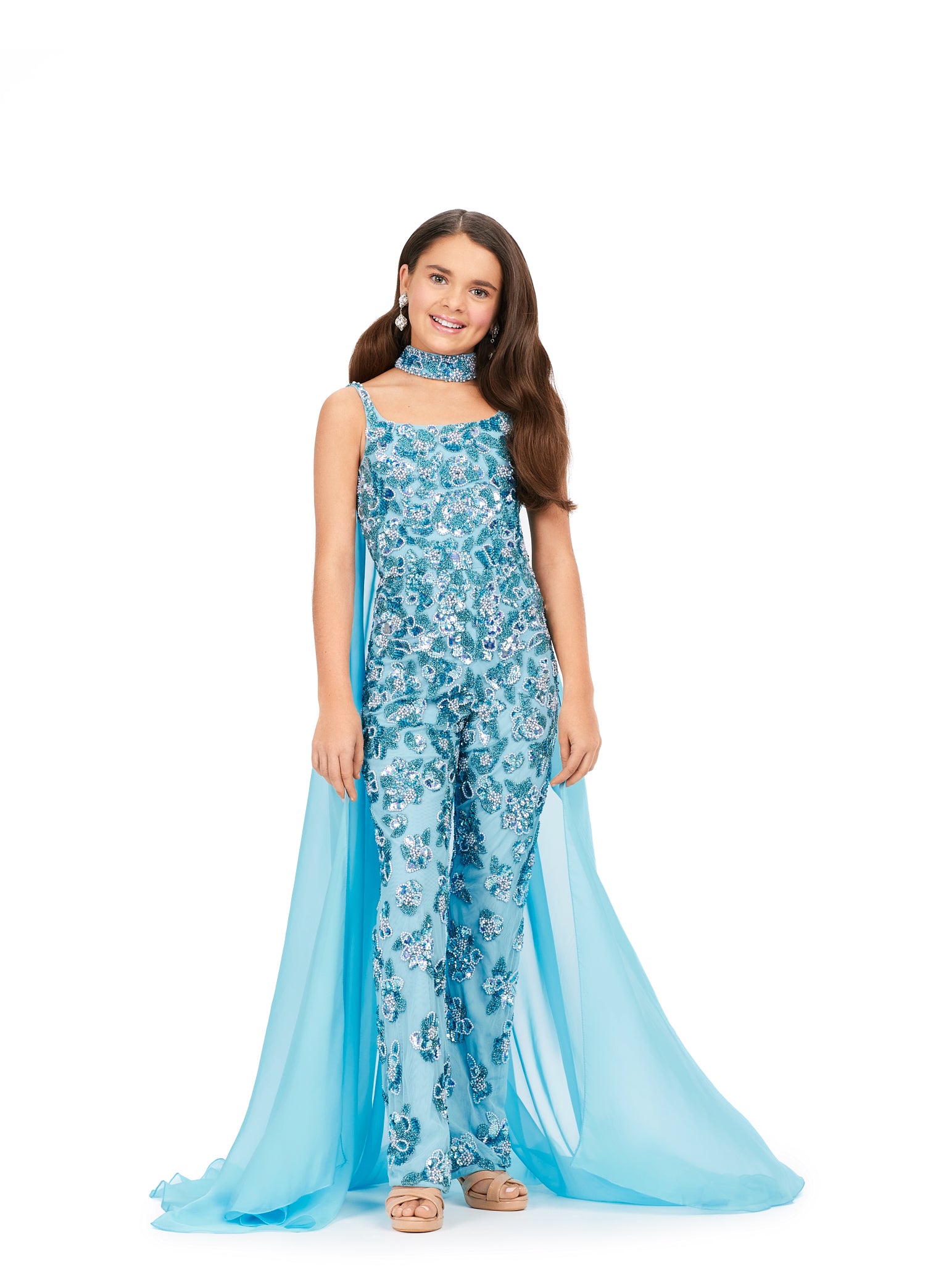 Ashley Lauren Kids 8190 Fully Beaded with Beaded Choker and Chiffon Cape Jumpsuit 14 / Sky Ashley Lauren Kids 8190 Fully Beaded with Beaded Choker and Chiffon Cape Jumpsuit 14 / Sky