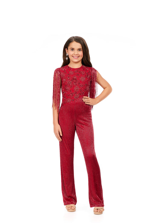 Ashley Lauren Kids 8193 Liquid Beaded Crew Neckline With Fringe Sleeves Jumpsuit. This fully beaded jumpsuit is sure to make you stand out! From the high neckline to the fringe detailed shoulders, we give this a 10/10!