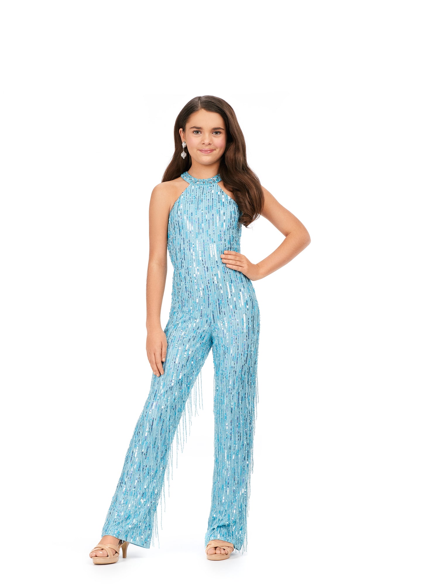 Ashley Lauren Kids 8194 Fully Beaded Halter Top Fringe Jumpsuit. A jumpsuit ready for the runway! This halter neck fully beaded jumpsuit features fringe detailing throughout that gives the perfect amount of movement.