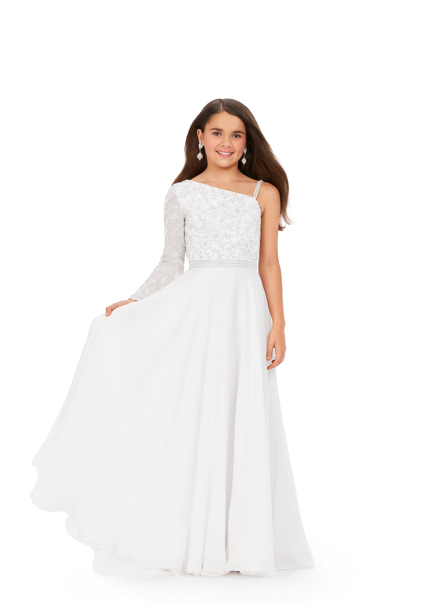Ashley Lauren Kids 8197 One Shoulder Fully Beaded Bodice A-Line Chiffon Skirt Gown. Make all your dreams come true in this stunning one shoulder gown. With gorgeous beaded details throughout the top and a chiffon skirt, this dress is sure to WOW the crowd!