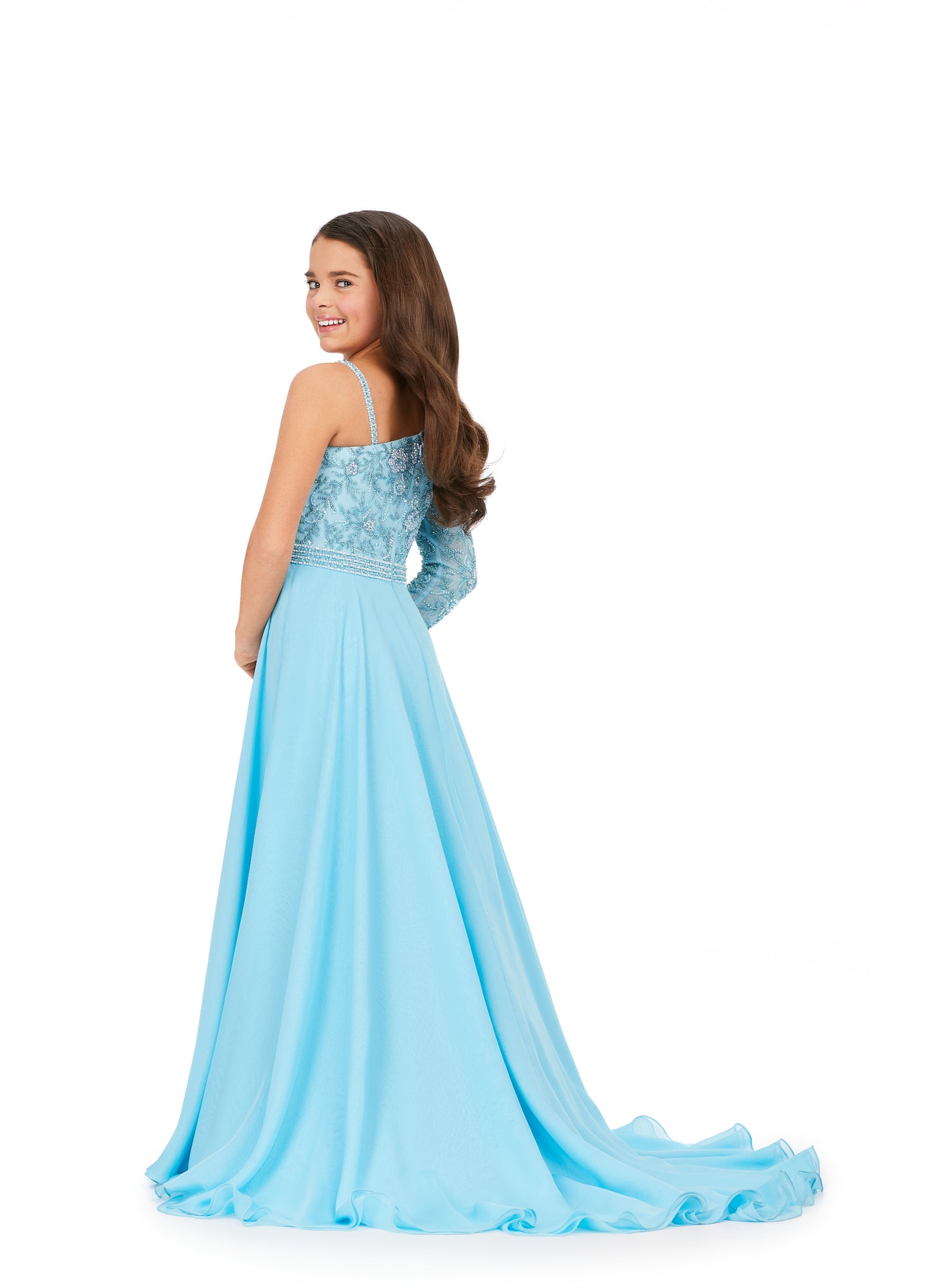 Ashley Lauren Kids 8197 One Shoulder Fully Beaded Bodice A-Line Chiffon Skirt Gown. Make all your dreams come true in this stunning one shoulder gown. With gorgeous beaded details throughout the top and a chiffon skirt, this dress is sure to WOW the crowd!