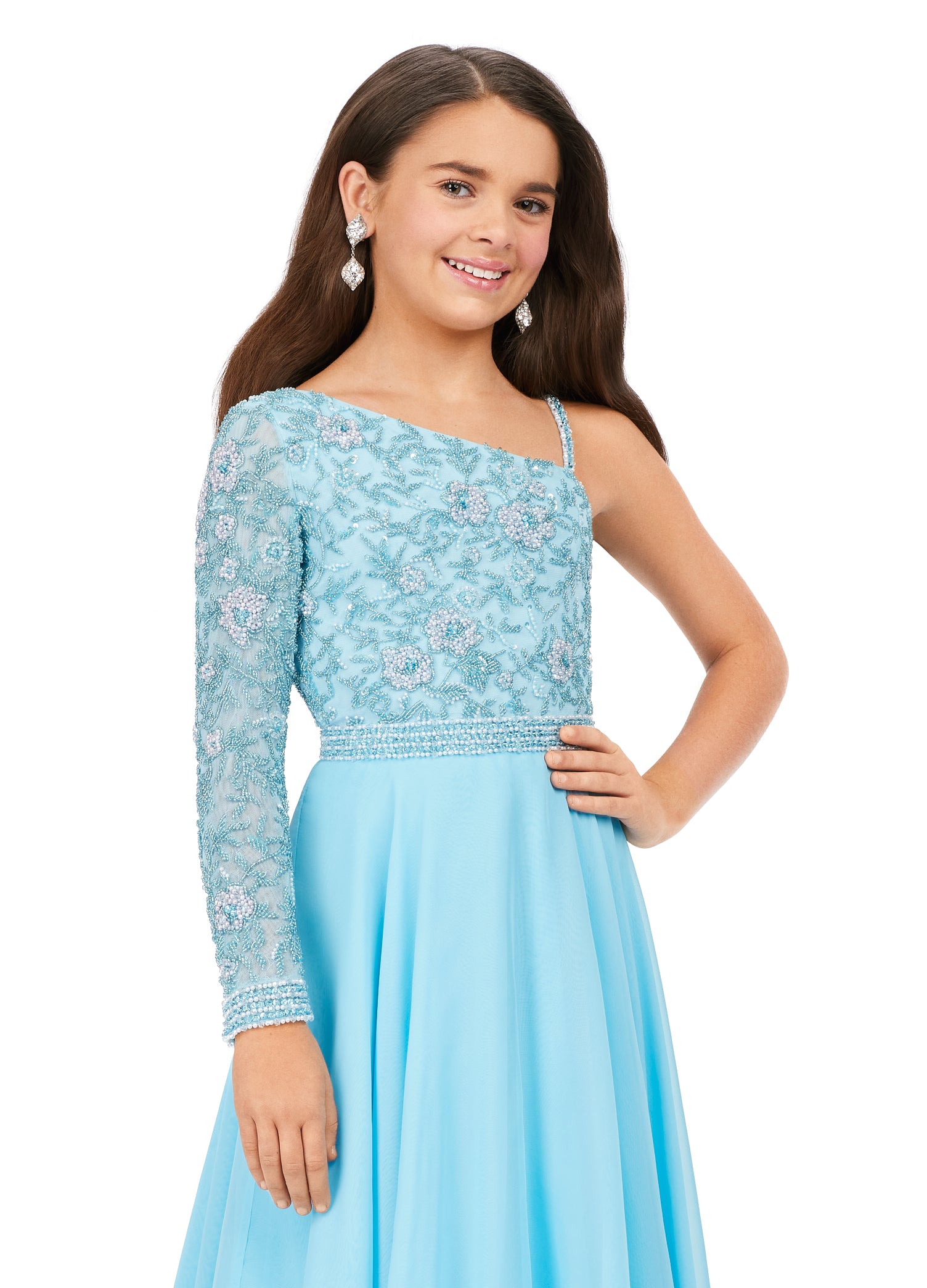 sachin and babi light blue dress Long Sleeve Plunged Chiffon Red Front Split Dress with Beaded top main image 1