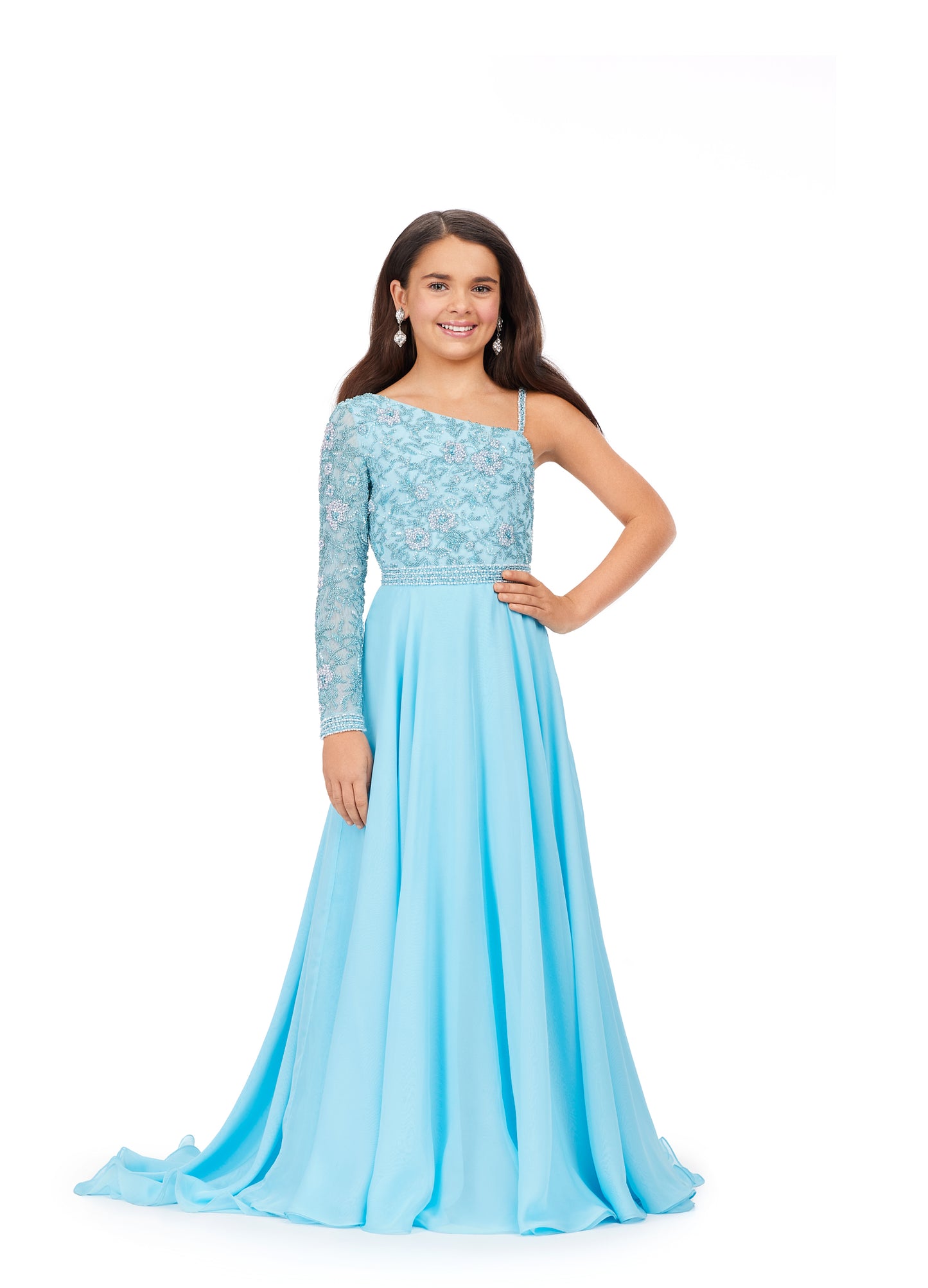Ashley Lauren Kids 8197 One Shoulder Fully Beaded Bodice A-Line Chiffon Skirt Gown. Make all your dreams come true in this stunning one shoulder gown. With gorgeous beaded details throughout the top and a chiffon skirt, this dress is sure to WOW the crowd!'