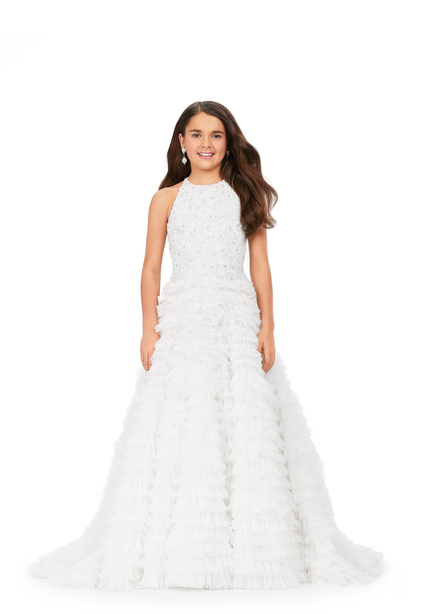 Ashley Lauren Kids 8198 Tulle Ruffles Beaded Bustier Halter Neckline Ballgown. Can you say FABULOUS?! This gorgeous gown features a beaded floral design throughout its halter top and an abundance of tulle ruffles throughout the skirt. The perfect amount of drama and sass for your little!