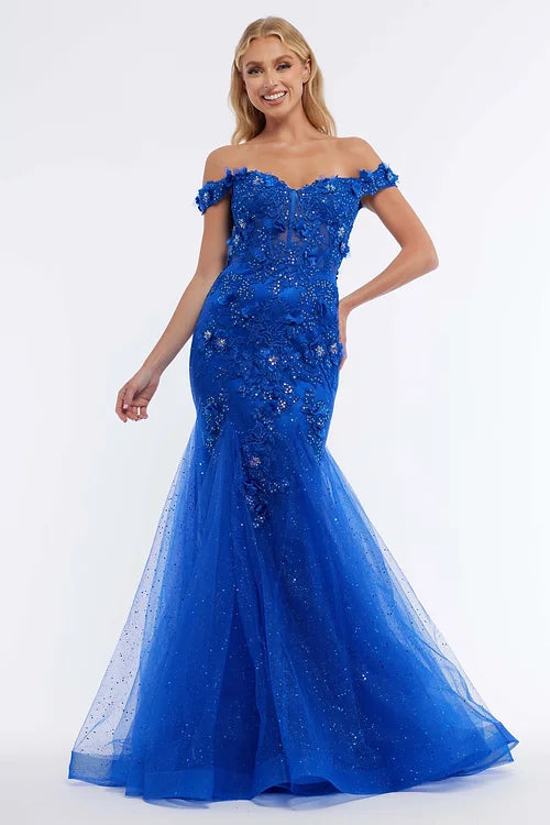 The Vienna Prom 82040 Long Prom Dress is the epitome of elegance and sophistication. The mermaid style, off shoulder design, and exquisite lace with 3D floral details create a stunning silhouette. The corset and glitter tulle train add an extra touch of glamour. Perfect for formal events and pageants, this dress is sure to make a statement.