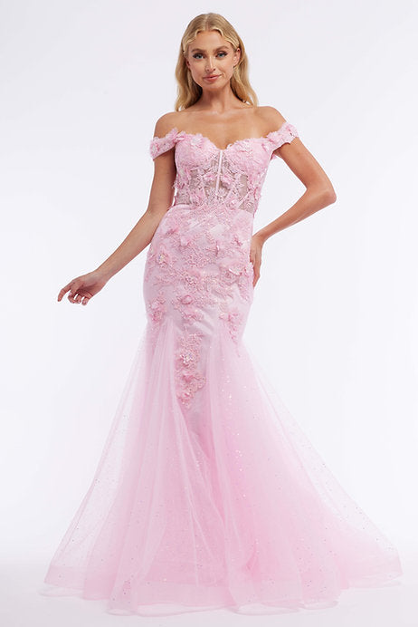 The Vienna Prom 82040 Long Prom Dress is the epitome of elegance and sophistication. The mermaid style, off shoulder design, and exquisite lace with 3D floral details create a stunning silhouette. The corset and glitter tulle train add an extra touch of glamour. Perfect for formal events and pageants, this dress is sure to make a statement.
