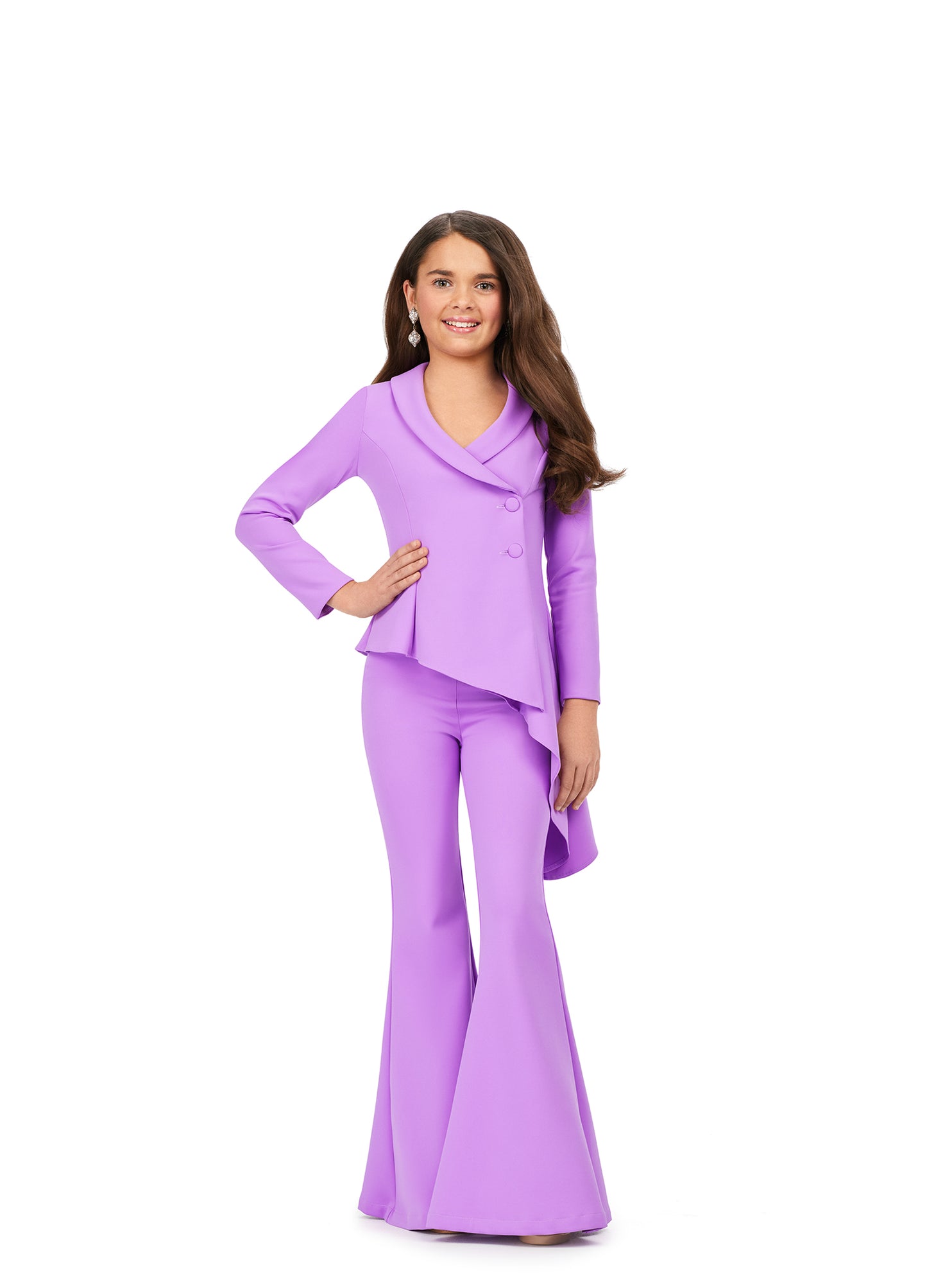 The Ashley Lauren Girls 8207 Long Sleeve Two Piece Scuba Jumpsuit is the perfect choice for any special occasion. This stylish two piece features an asymmetric hem and flare pant legs, perfect for making a statement while maintaining a professional look. With this time-tested jumpsuit, make a lasting impression on the pageant or job interview platform.  Sizes: 4-16  Colors: Orchid, Hot Pink, Green