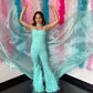 Ashley Lauren Kids 8210 Long Girls Pageant Jumpsuit with Crystal embellishements and a scoop neckline. Feather Embellished flared Bell Bottoms with a choker embellished with crystals and organza Cape.  Sizes: 4-16  Colors: Aqua, Fuchsia