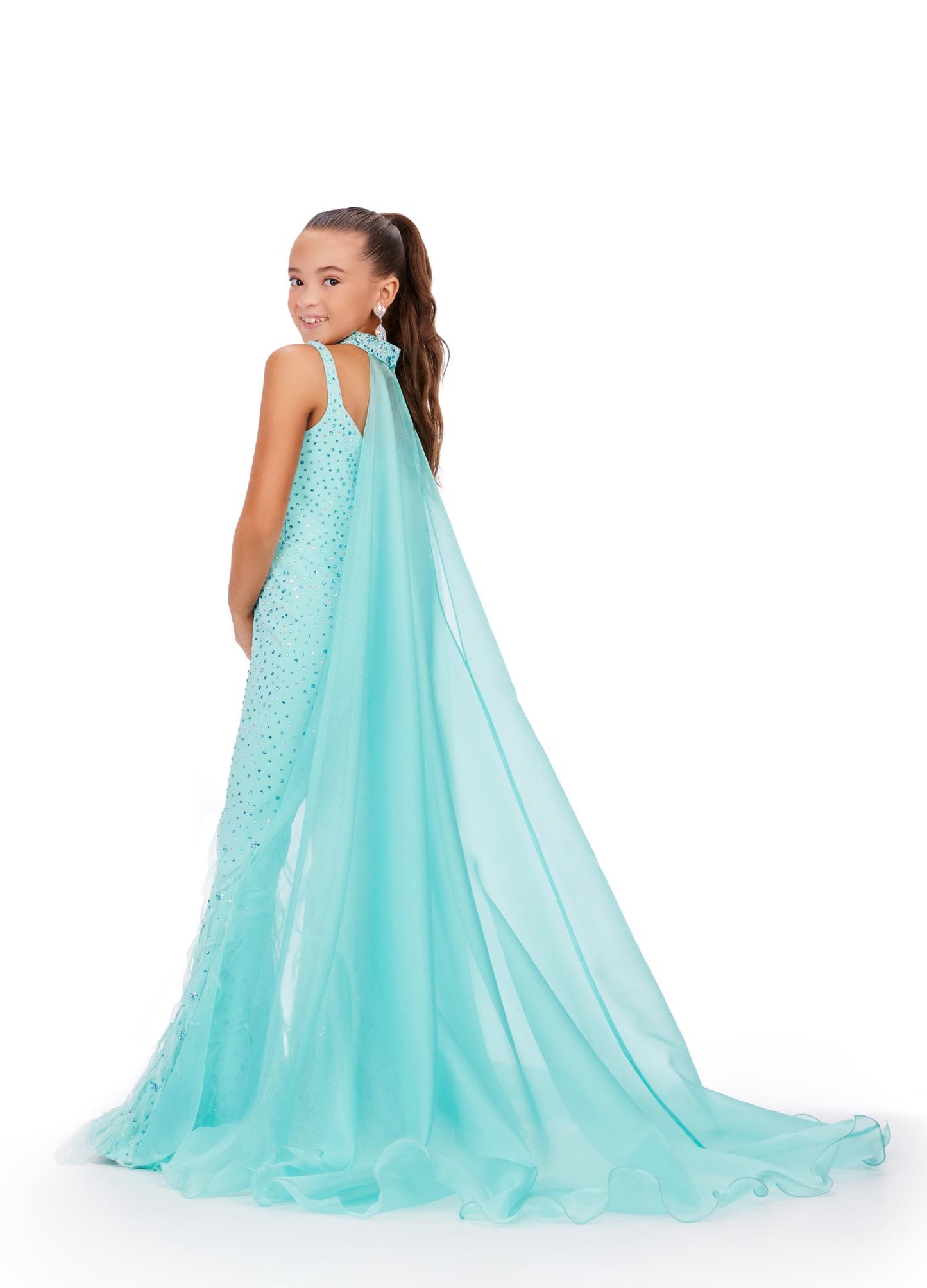 Ashley Lauren Kids 8210 Long Girls Pageant Jumpsuit with Crystal embellishements and a scoop neckline. Feather Embellished flared Bell Bottoms with a choker embellished with crystals and organza Cape.  Sizes: 12  Colors: Aqua