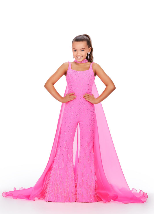 Ashley Lauren Kids 8210 Long Girls Pageant Jumpsuit with Crystal embellishements and a scoop neckline. Feather Embellished flared Bell Bottoms with a choker embellished with crystals and organza Cape.  Sizes: 14  Colors: Hot Pink