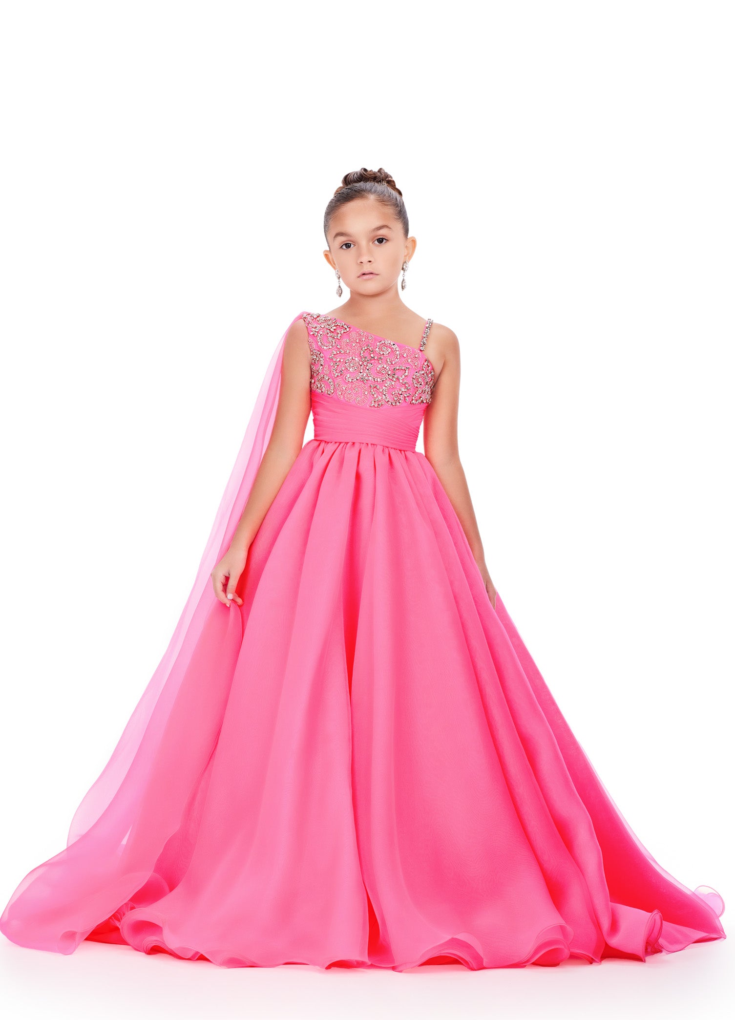 Ashley Lauren Kids 8212 One Shoulder Girls Pageant Dress Cape A Line Ball Gown Crystal 14 / Hot Pink Ashley Lauren Kids 8212 One Shoulder Girls Pageant Dress Cape A Line Ball Gown Crystal 14 / Hot Pink