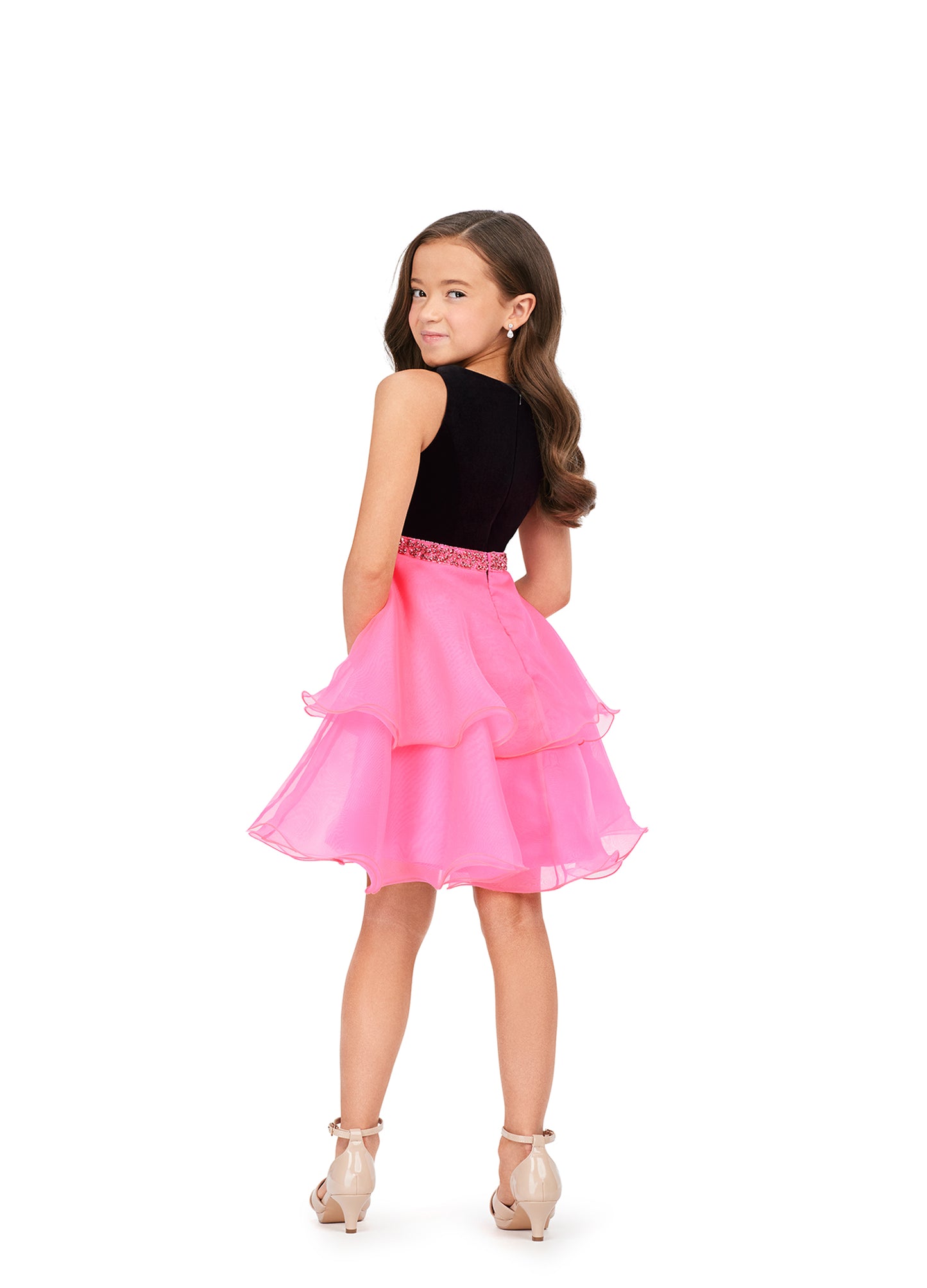 Ashley Lauren Kids 8216 Velvet Bustier And Organza Skirt Beaded Detail Crew Neckline Cocktail Dress. Elegant and adorable! This cocktail dress features a velvet bodice with a ruffled, layered organza skirt and a beaded waistband. We're in love!